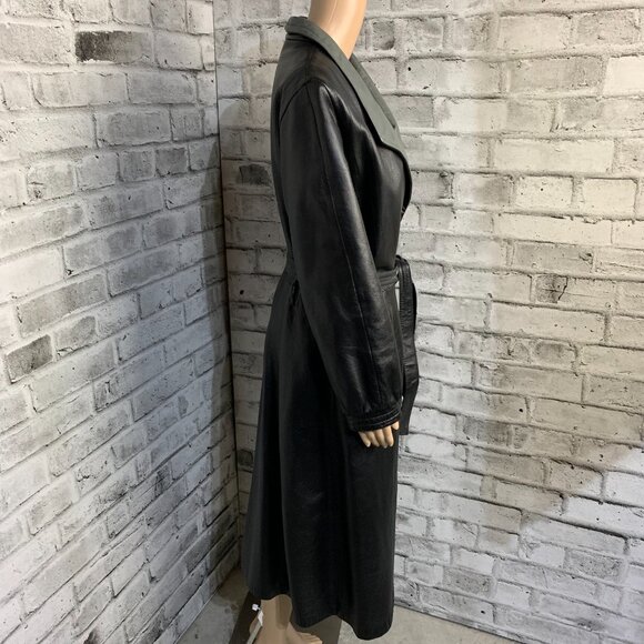 Vintage 70s Leather Maxi Trench Coat Small Black Belted Retro Long Overcoat - Picture 7 of 16